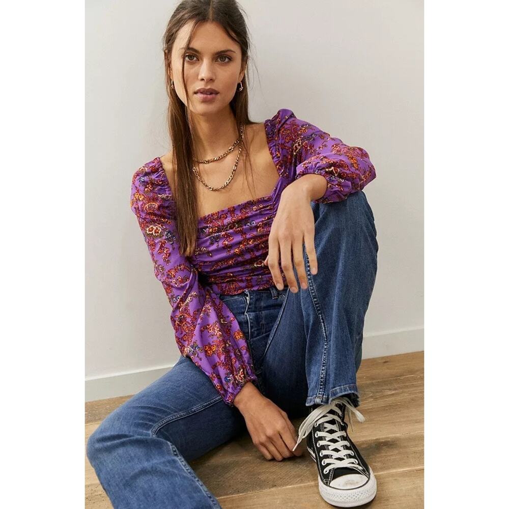 Urban Outfitters Bambi Purple Floral Crop Long Sleeve Top - Picture 4 of 8